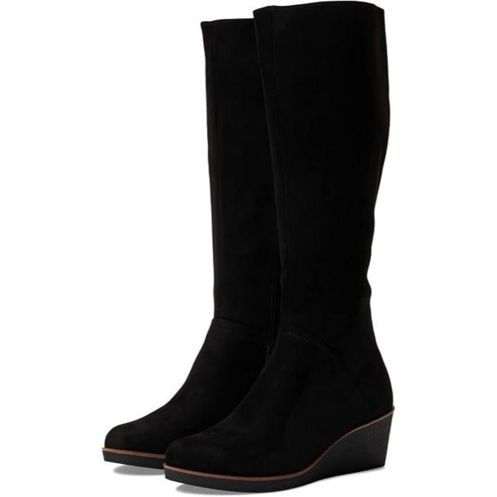 Aerosoles Binocular Womens 6.5M Black Leather Suede Wedge Knee High Zip Boots
